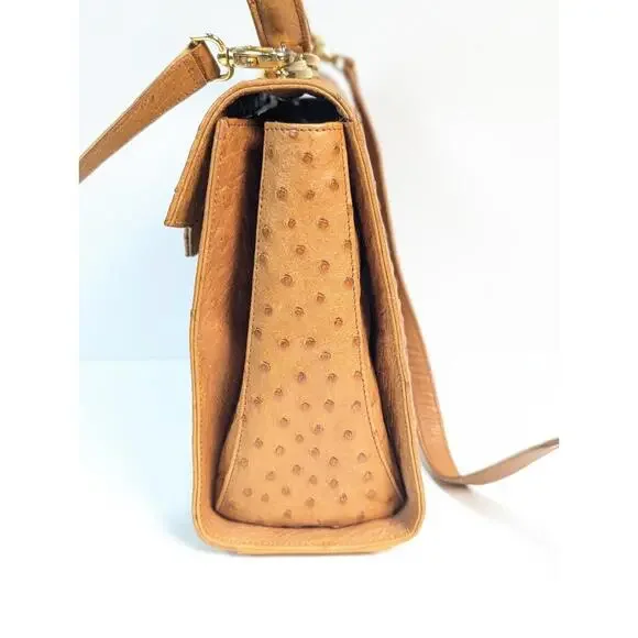 Scuola Del Cuoio Ostrich Leather Caramel Brown Flap Handbag Purse Firenze Italy - Picture 12 of 16